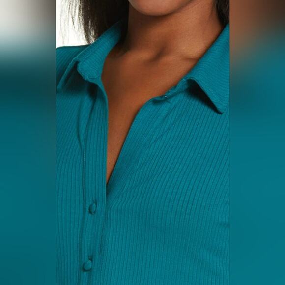 Fourteenth Place NWT Jade Green Ribbed Knit Collared Long Sleeve Button Dress M - Picture 11 of 11